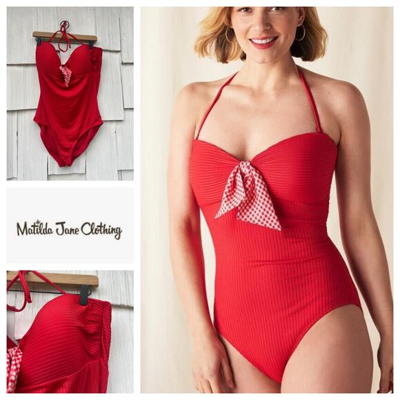 Matilda Jane Poolside Party Red Ribbed Halter One-Piece‎ Swimsuit Size XL - Picture 1 of 7